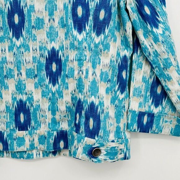 Chicos (0) Ikat Linen Jacket Denim Style Womens Small Blue Aqua Metallic Silver - Picture 8 of 9